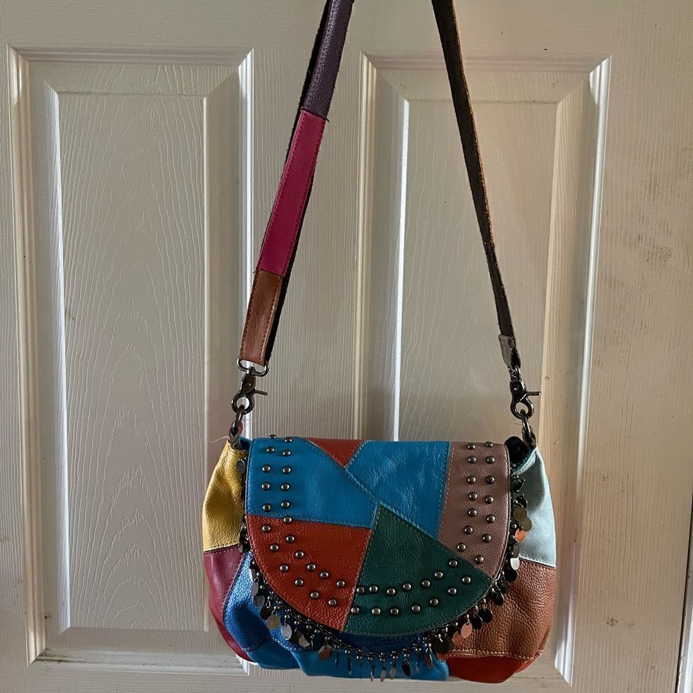 Ameri Leather Multi color patchwork crossbody bag silver tone studs accents